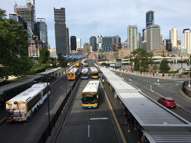 Bus station in Brisbane with CBD in background